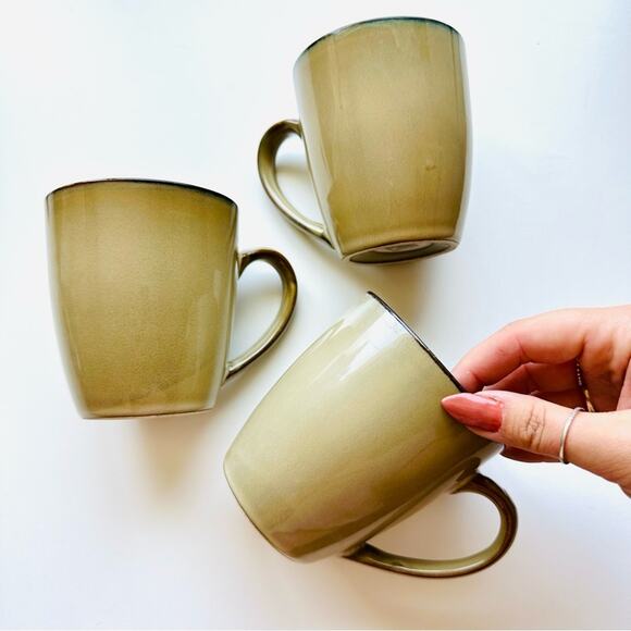 3 VINTAGE Neutral Tan Beige Black Inner Rim Classic Glaze Ceramic Coffee Mug Set - Picture 16 of 16